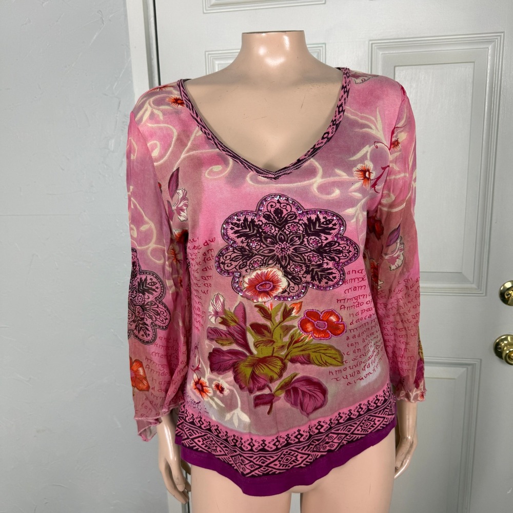 Vintage Y2K Tease Shirt Small Cotton Bell Sleeve Floral Knit Boho Hippy X3-23